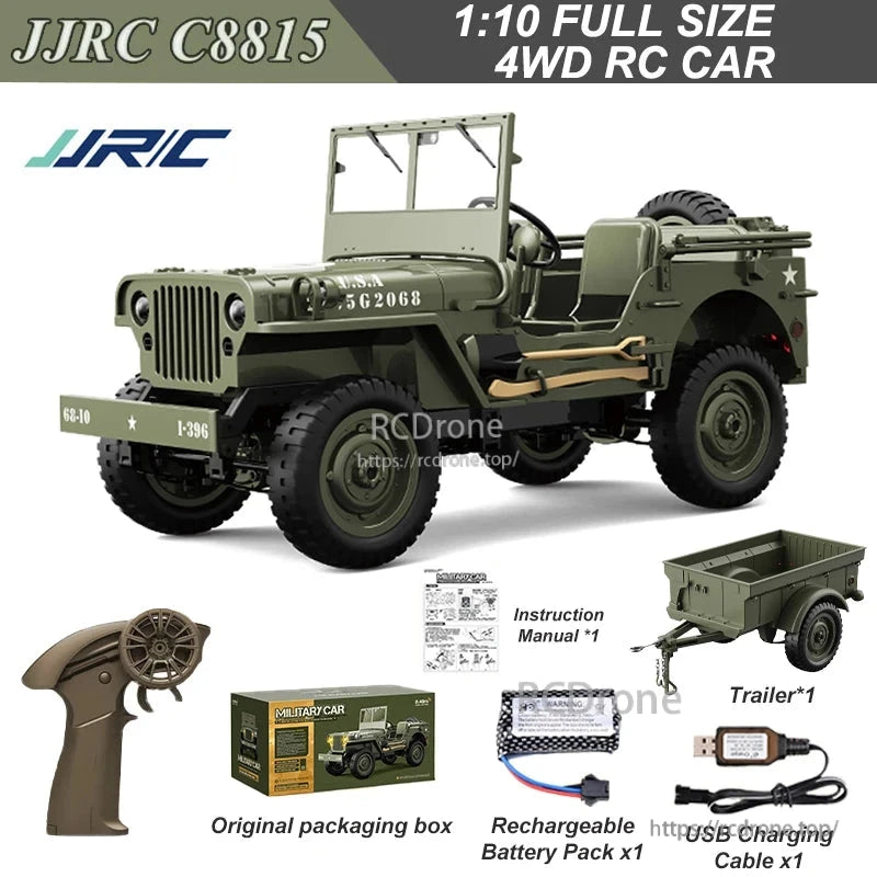 JJRC C8815 1/10 WILLYS JEEP RC Car, JJRC C8815 1:10 scale 4WD RC military jeep with 2.4G control, 60m range, 7.4V battery, includes trailer, remote, manual, USB cable, and box.