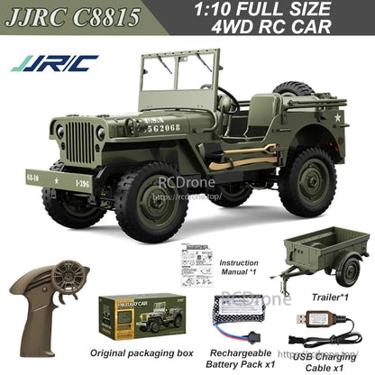 JJRC C8815 1/10 WILLYS JEEP RC Car, JJRC C8815 1:10 scale 4WD RC military jeep with 2.4G control, 60m range, 7.4V battery, includes trailer, remote, manual, USB cable, and box.