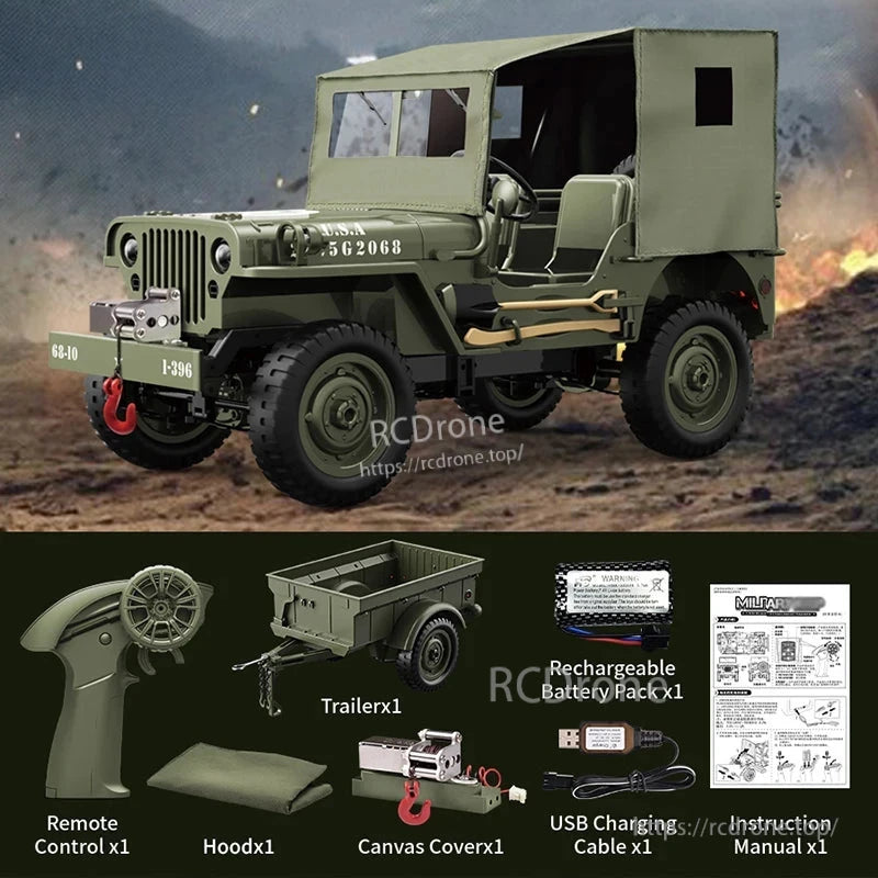 JJRC C8815 1/10 WILLYS JEEP RC Car, JJRC C8815 1/10 scale RC Willys Jeep, 4WD military crawler with 2.4G remote, 60m range, 7.4V battery, charger, trailer, hood, canvas cover, and manual included.