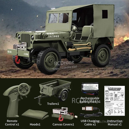 JJRC C8815 1/10 WILLYS JEEP RC Car, JJRC C8815 1/10 scale RC Willys Jeep, 4WD military crawler with 2.4G remote, 60m range, 7.4V battery, charger, trailer, hood, canvas cover, and manual included.