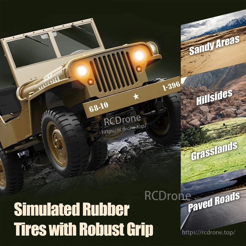 JJRC C8815 1/10 WILLYS JEEP RC Car, All-terrain rubber tires with strong grip; 4WD, LED lights, 2.4G remote, military crawler design for sand, hills, grass, and pavement.