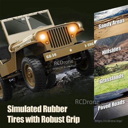 JJRC C8815 1/10 WILLYS JEEP RC Car, All-terrain rubber tires with strong grip; 4WD, LED lights, 2.4G remote, military crawler design for sand, hills, grass, and pavement.