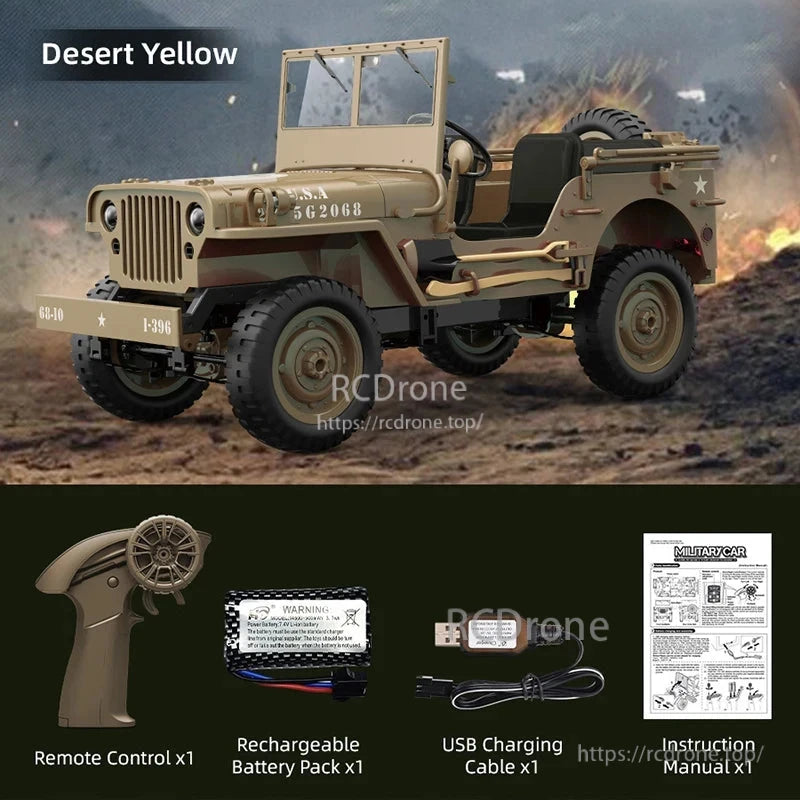 JJRC C8815 1/10 WILLYS JEEP RC Car, Desert Yellow Willys Jeep RC car with 4WD, 2.4G control, 60m range, 7.4V lithium battery; includes remote, charger, and manual.