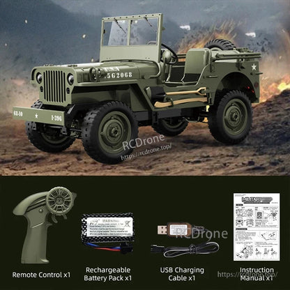 JJRC C8815 1/10 WILLYS JEEP RC Car, JJRC C8815 1/10 scale RC Willys Jeep, 4WD military crawler with 2.4G remote, 60m range, 7.4V battery, LED lights; includes USB cable and manual.