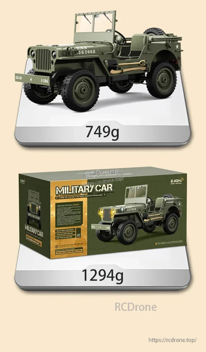 JJRC C8815 1/10 WILLYS JEEP RC Car, Olive green 1:10 scale military RC car, 2.4GHz, detailed design with metal parts, USA marked, 749g unit weight, 1294g boxed.
