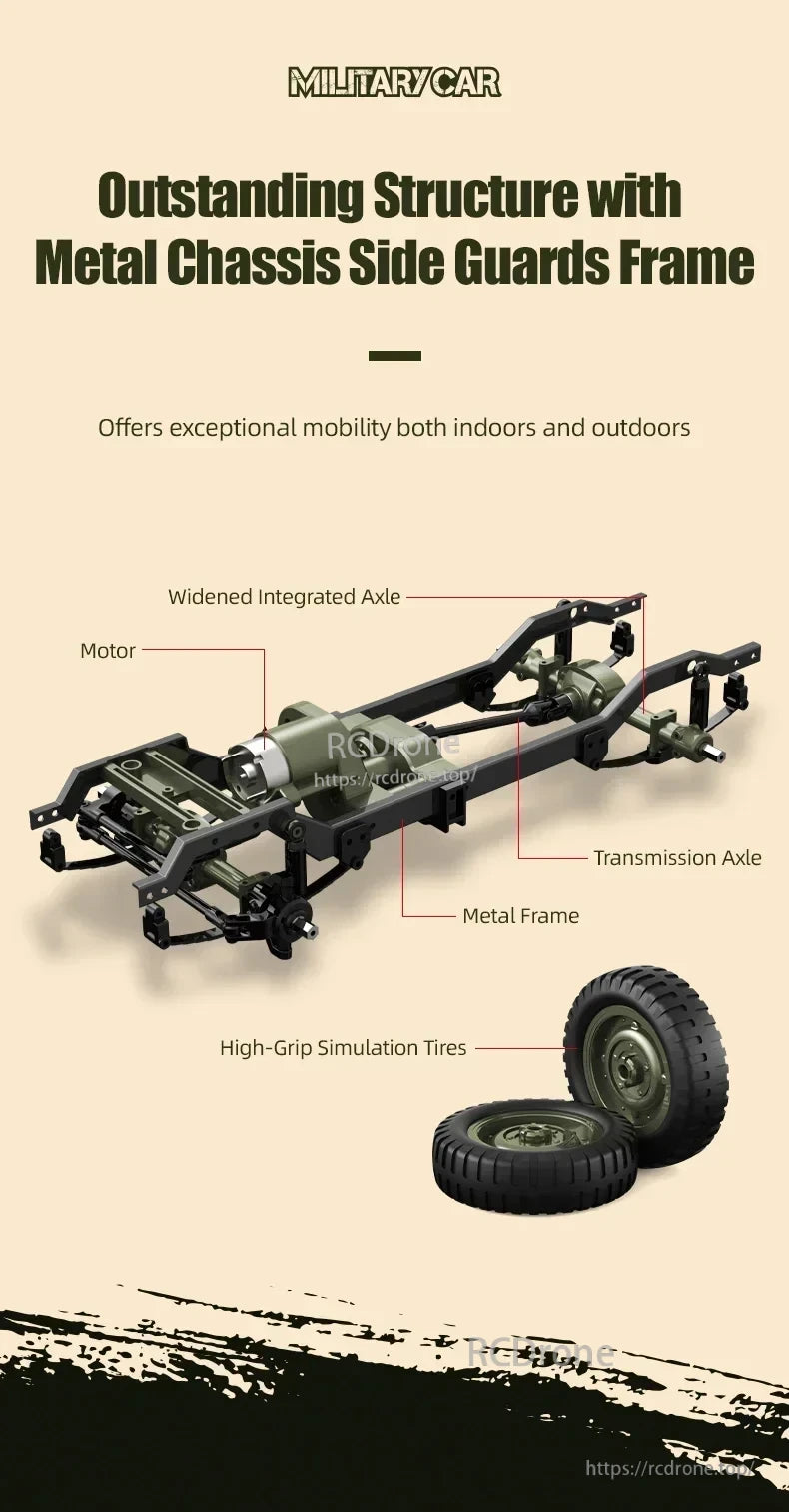 JJRC C8815 1/10 WILLYS JEEP RC Car, Rugged military vehicle with metal chassis, side guards, high-grip tires, and durable frame for all-terrain indoor and outdoor use.