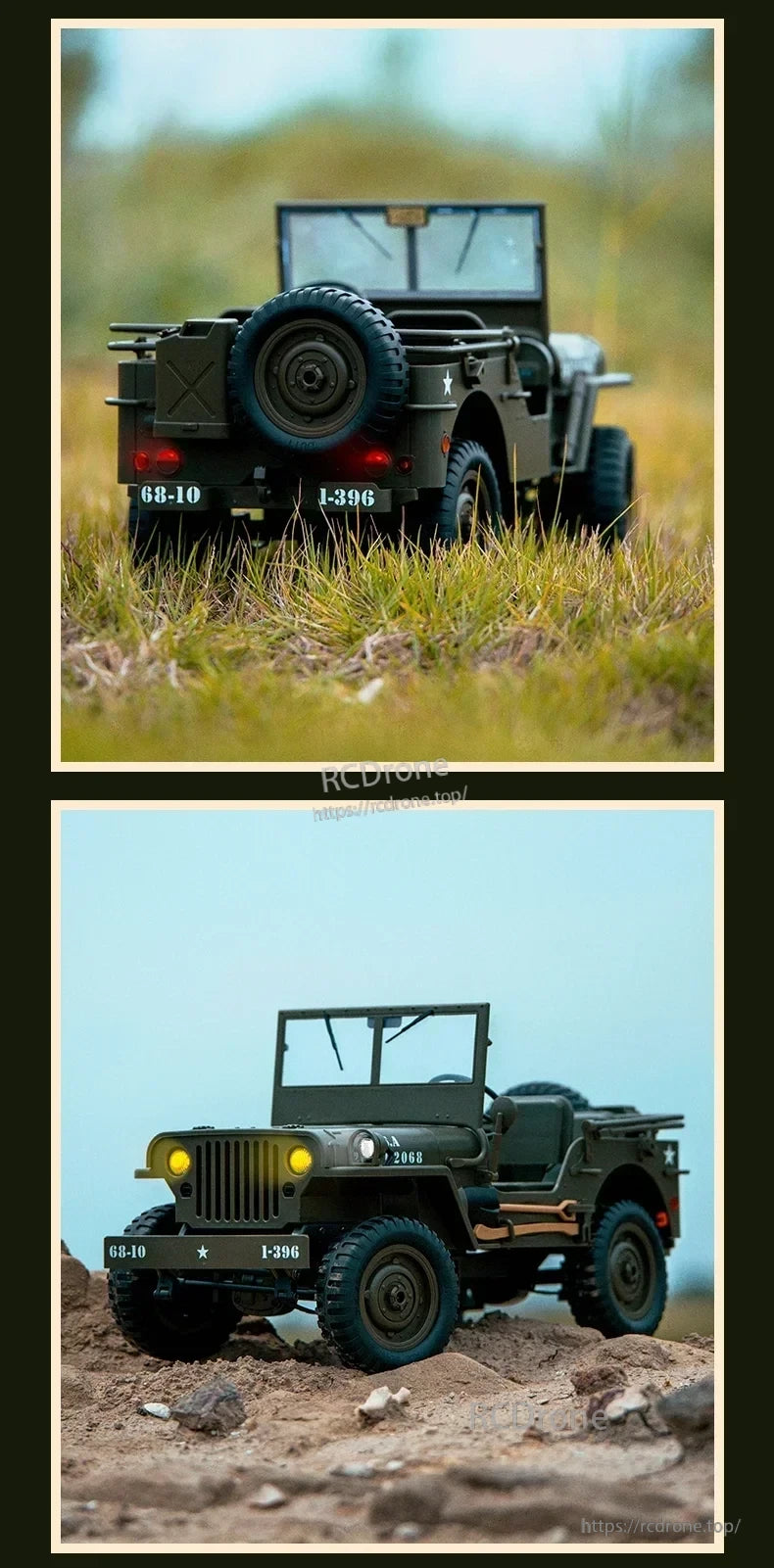 JJRC C8815 1/10 WILLYS JEEP RC Car, A highly detailed Willys Jeep simulation with movable parts, including hood, dashboard, and cockpit.