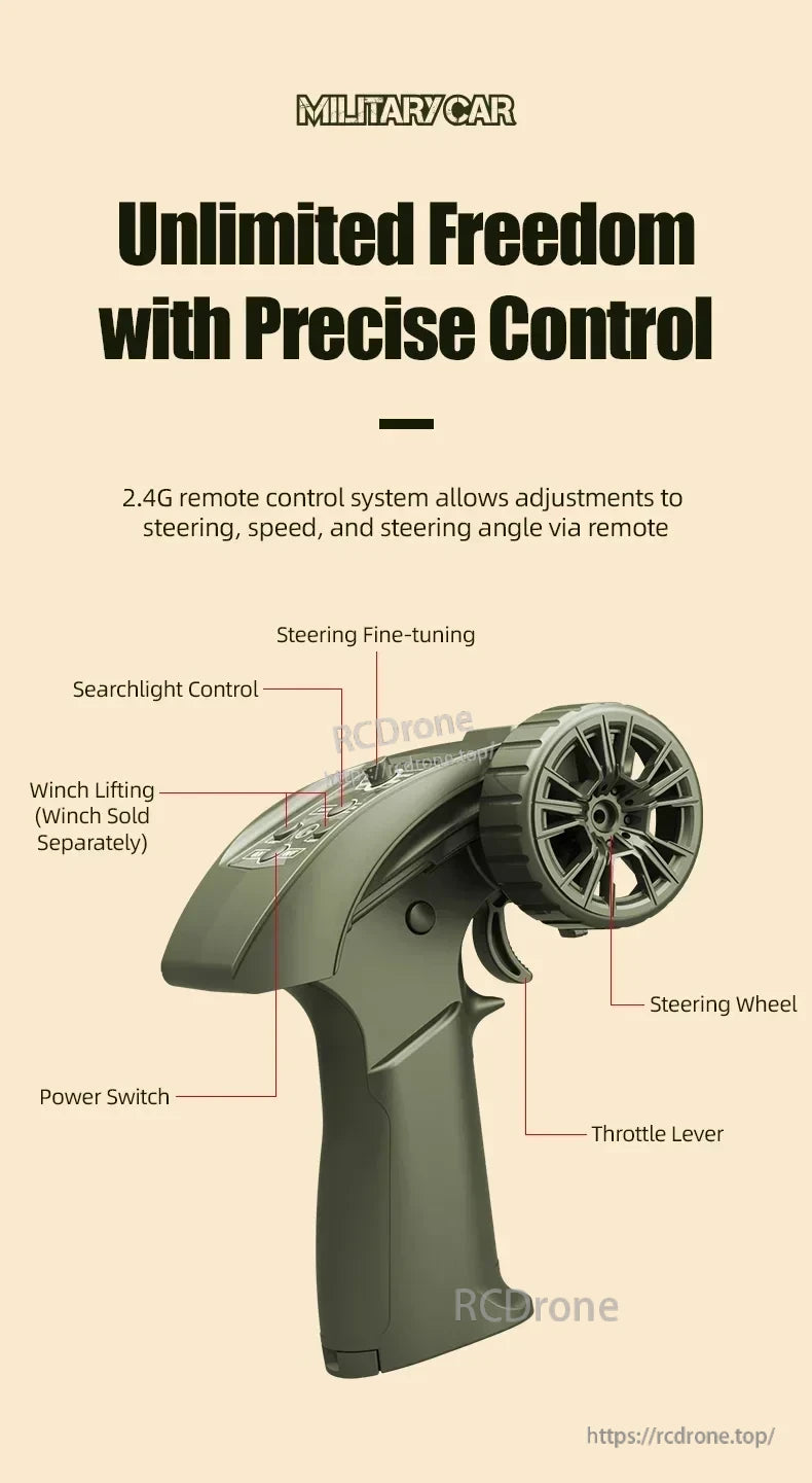 JJRC C8815 1/10 WILLYS JEEP RC Car, Military RC car with 2.4G system, steering wheel, throttle, lights, winch, and precision controls for realistic, detailed operation.