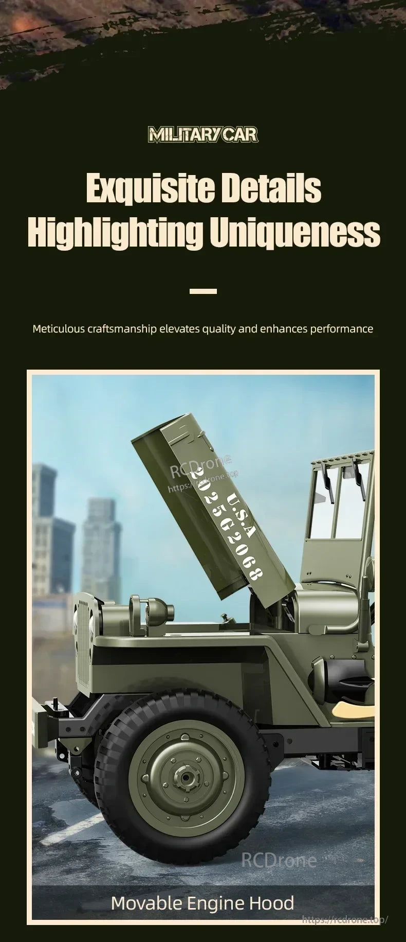 JJRC C8815 1/10 WILLYS JEEP RC Car, Movable engine hood, exquisite details, high craftsmanship—realistic military car model.