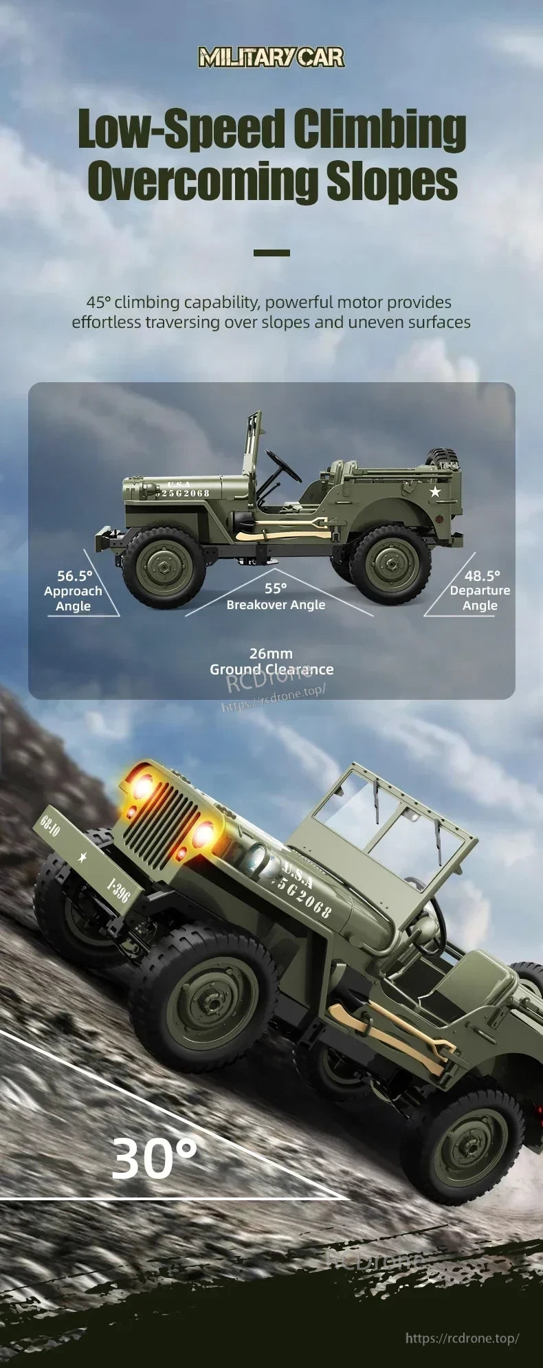 JJRC C8815 1/10 WILLYS JEEP RC Car, Military RC Jeep features 45° climbing, 26mm ground clearance, and handles slopes up to 30° with excellent approach, breakover, and departure angles.