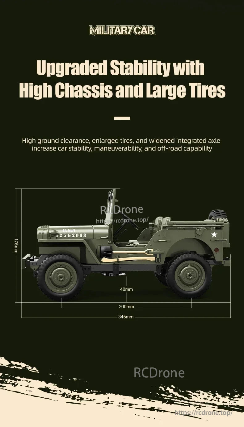 JJRC C8815 1/10 WILLYS JEEP RC Car, High-chassis military car with large tires, enhanced stability and off-road capability; dimensions 176mm x 345mm.