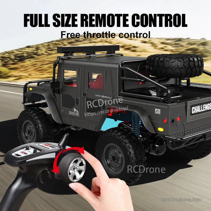 JJRC Q121 RC CAR, 4WD off-road RC car with full-size remote, free throttle, metal chassis, LED lights, 2.4GHz frequency, and 7.4V battery for high-performance driving.