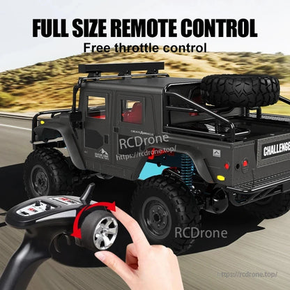 JJRC Q121 RC CAR, 4WD off-road RC car with full-size remote, free throttle, metal chassis, LED lights, 2.4GHz frequency, and 7.4V battery for high-performance driving.