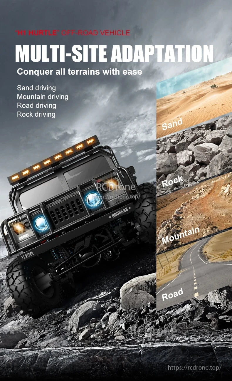 JJRC Q121 RC CAR, The H1 HURTE off-road vehicle adapts to multiple terrains, easily conquering sand, rocks, mountains, and roads.