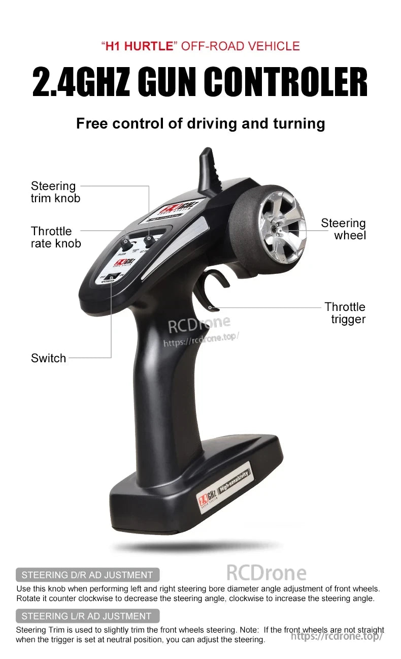 JJRC Q121 RC CAR, H1 Hurtle off-road vehicle features a 2.4GHz gun-style controller with steering wheel, throttle trigger, trim/rate knobs, switch, and adjustment instructions for precise control.