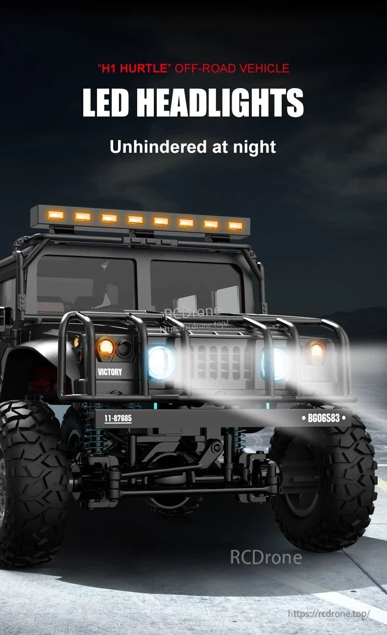 JJRC Q121 RC CAR, H1 Hurtle off-road vehicle features LED headlights for excellent night visibility and unrestricted off-road performance.