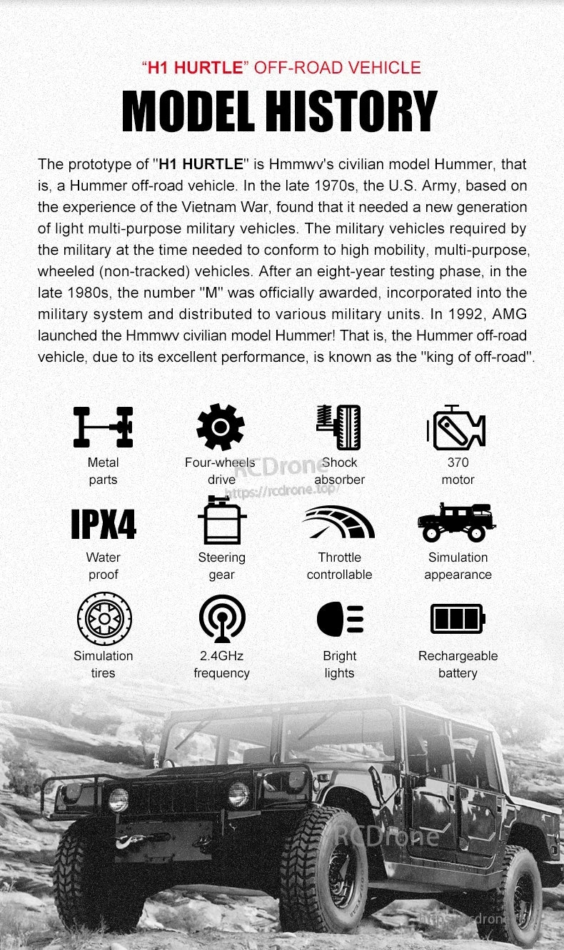 JJRC Q121 RC CAR, The H1 HURLE off-road vehicle features durable metal parts, 4WD, shock absorbers, IPX4 waterproofing, 370 motor, 2.4GHz control, bright lights, rechargeable battery, and realistic design.