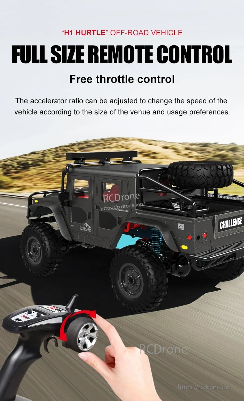 JJRC Q121 RC CAR, H1 HURTLE off-road RC vehicle features full-size remote, free throttle, and adjustable accelerator ratio for customizable speed control.