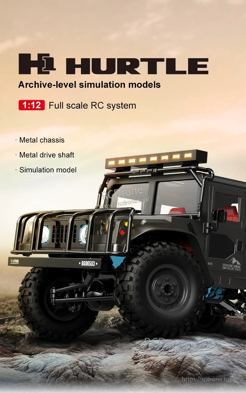 JJRC Q121 RC CAR, HURTLE 1:12 RC truck features a metal chassis, drive shaft, and full-scale simulation model for realistic performance.