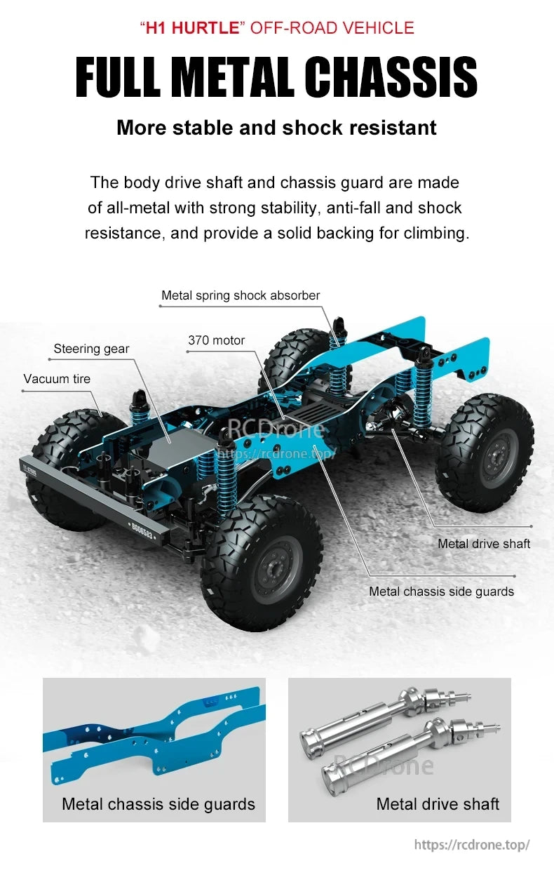 JJRC Q121 RC CAR, H1 HURTLE off-road vehicle features a full metal chassis, metal drive shaft, side guards, 370 motor, steering gear, vacuum tires, and metal spring shock absorbers for superior stability and durability.
