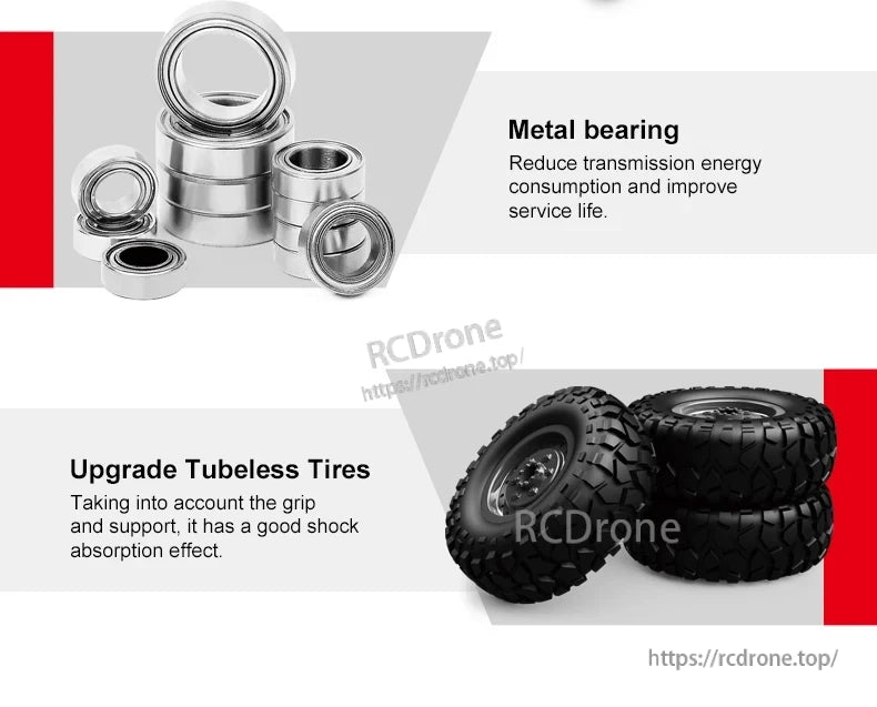 JJRC Q121 RC CAR, Metal bearing reduces energy use, upgrade tubeless tires for better grip and shock absorption.