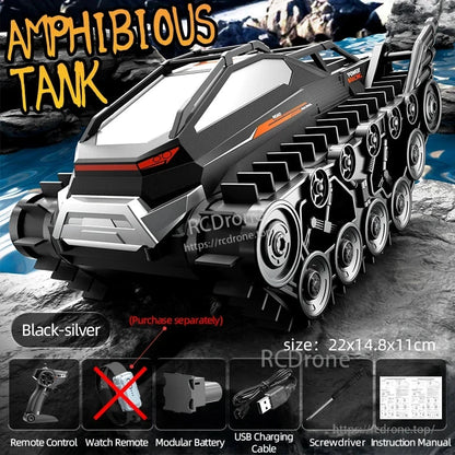 Black-silver amphibious tank (22x14.8x11cm) with remote control, modular battery, USB cable, screwdriver, and manual; watch remote sold separately.