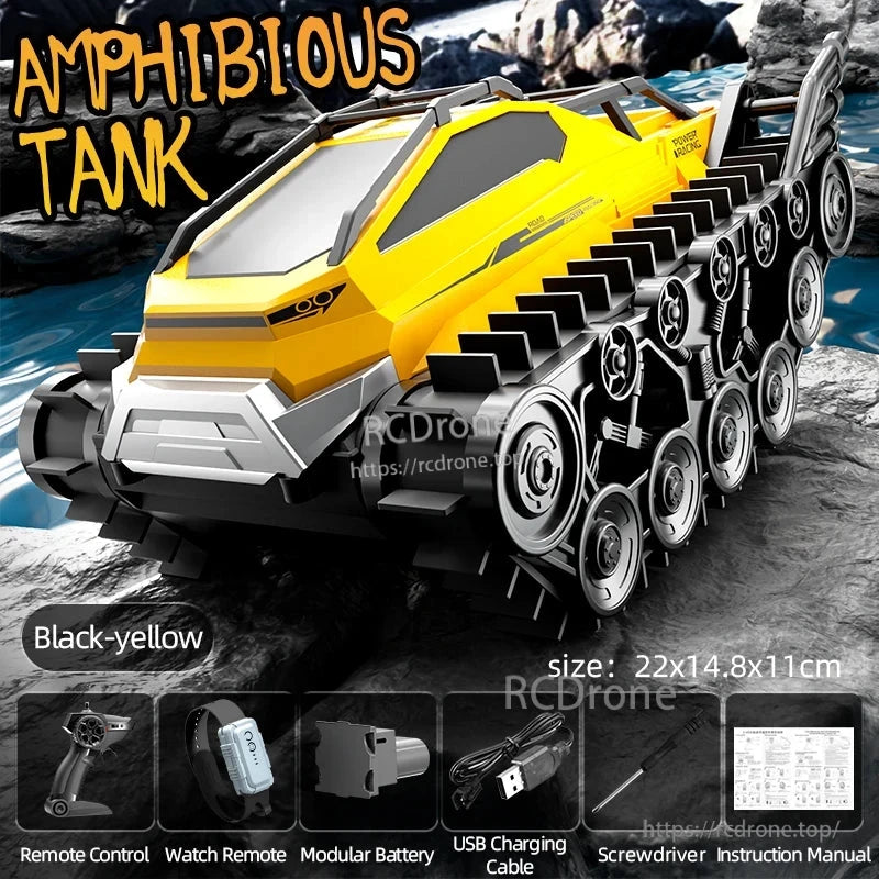 Black-yellow amphibious tank, 22x14.8x11cm, with remote control, watch-style controller, modular battery, USB cable, screwdriver, and manual.