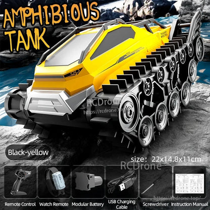 Black-yellow amphibious tank, 22x14.8x11cm, with remote control, watch-style controller, modular battery, USB cable, screwdriver, and manual.