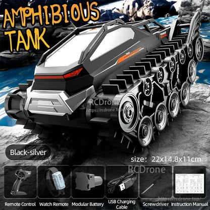 Black-silver amphibious tank (22x14.8x11cm) with remote control, watch remote, modular battery, USB cable, screwdriver, and manual.