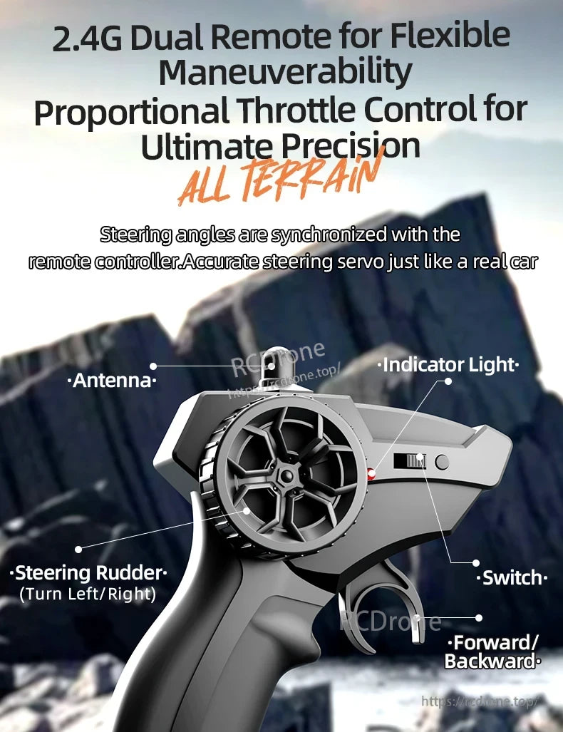 JJRC Q183 RC Car, 2.4G dual remote with proportional throttle enables precise, realistic all-terrain control via antenna, lights, rudder, switch, and forward/backward functions.