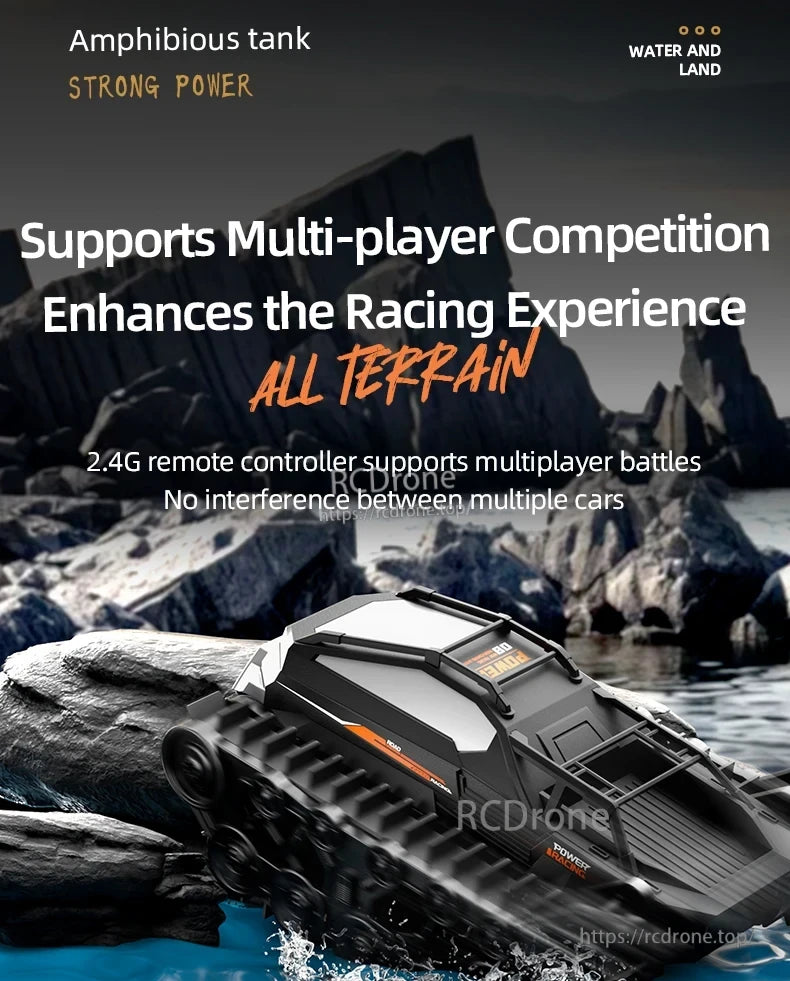 JJRC Q183 RC Car, Amphibious tank with 2.4G remote, all-terrain capability, strong power, multiplayer competition, operates on land and water without interference.