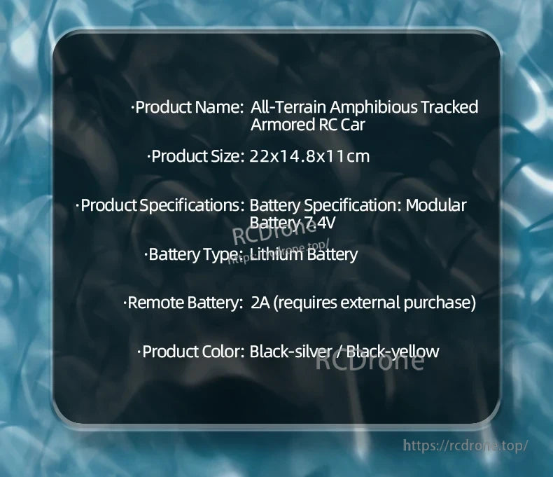 JJRC Q183 RC Car, Amphibious RC car, 22x14.8x11 cm, 7.4V battery, remote requires 2A (sold separately), available in black-silver or black-yellow.
