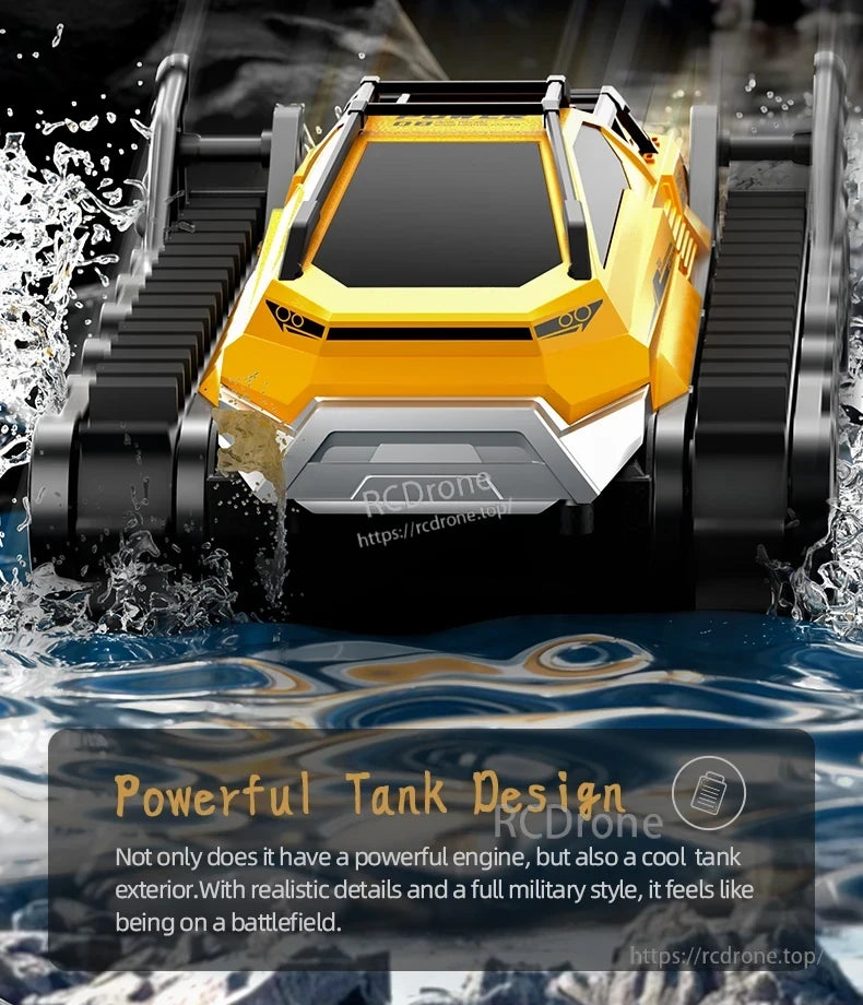 JJRC Q183 RC Car, An amphibious RC car featuring a powerful tank design, military style, realistic details, and a strong engine for versatile off-road and water performance.