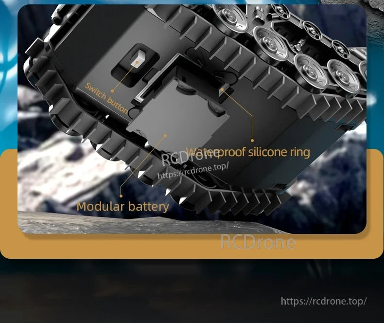 JJRC Q183 RC Car, Switch button, waterproof silicone ring, modular battery highlighted on RC car.