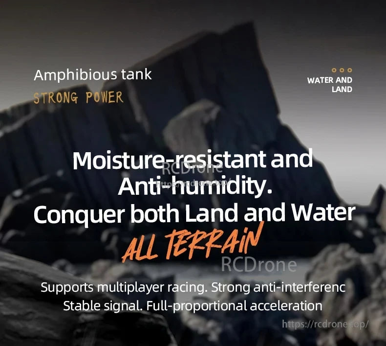 JJRC Q183 RC Car, High-performance amphibious tank with moisture-resistant design. Excels on land and water, supports multiplayer racing, stable signal, and full-proportional acceleration. (24 words)