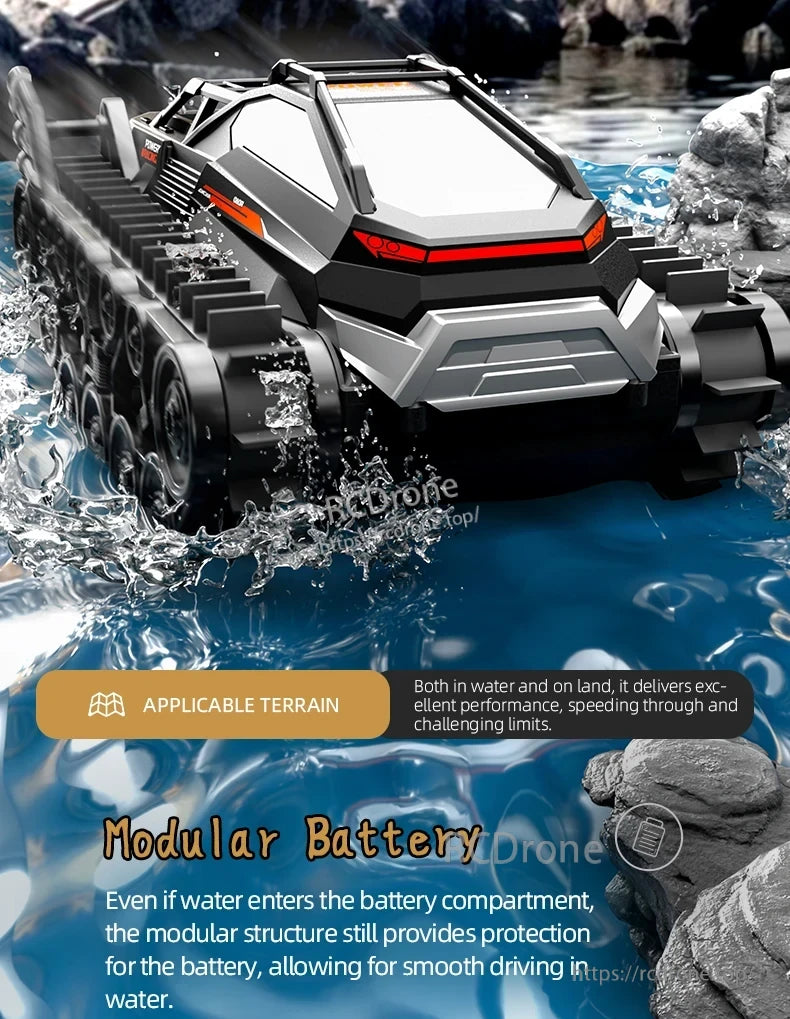 The JJRC Q183 RC car performs exceptionally on land and water, with a modular, waterproof battery for durability in tough conditions.