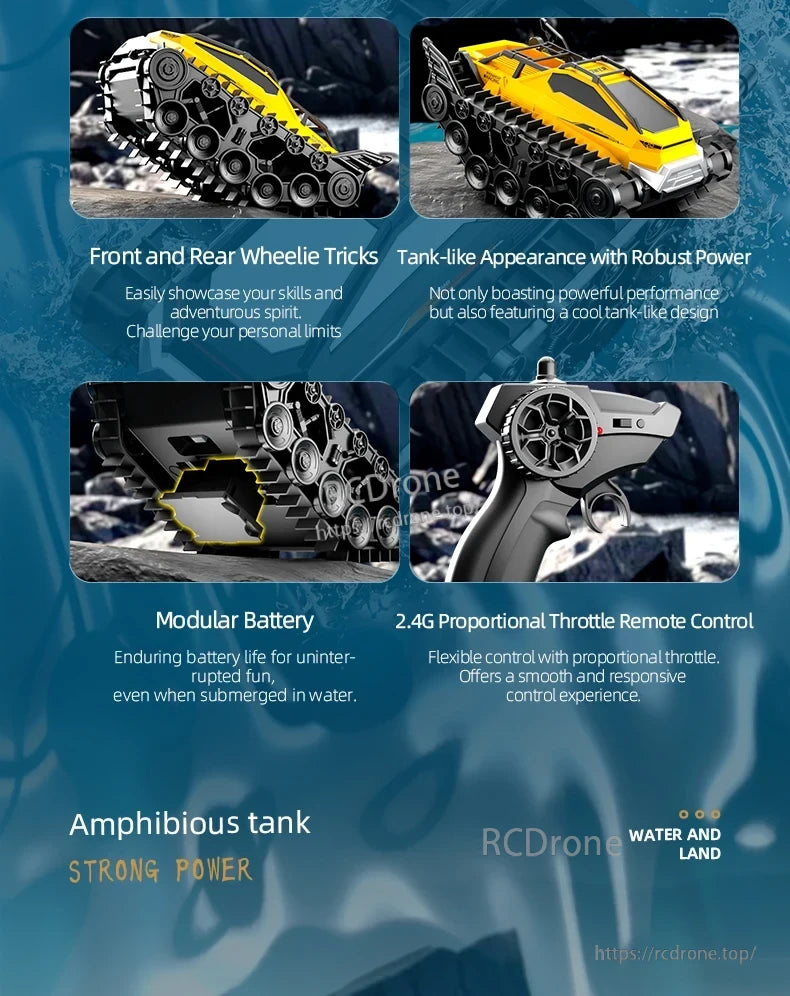 JJRC Q183 RC Car, Amphibious tank with bold design, performs wheelies, modular battery, 2.4G remote control, and excels on land and water for high-energy, all-terrain adventures.