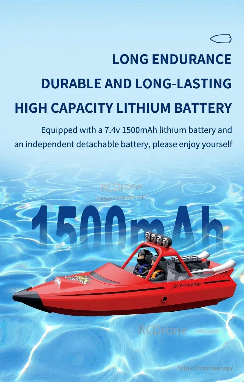 JJRC TY725 RC Boat, Durable 7.4V 1500mAh detachable lithium battery offers long endurance and high capacity for extended, powerful drone operation.