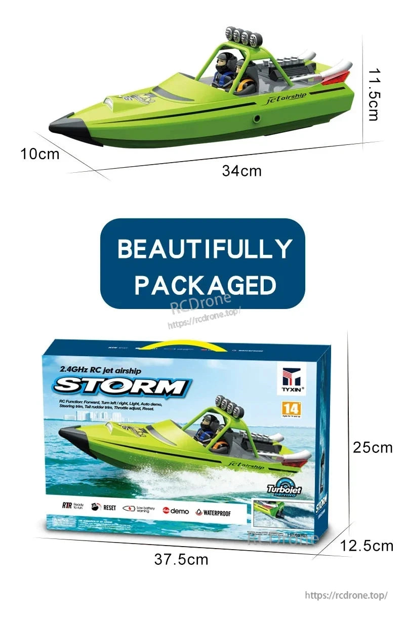 JJRC TY725 RC Boat, The JJRC TY725 "Storm" RC boat is a 2.4GHz, waterproof jet airship with lights, turbojet engine, and RTR design, ideal for ages 14+, featuring multiple controls and demo mode.