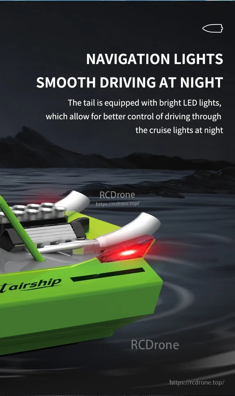 JJRC TY725 RC Boat, Navigation lights enable smooth night driving with bright LED tail lights.