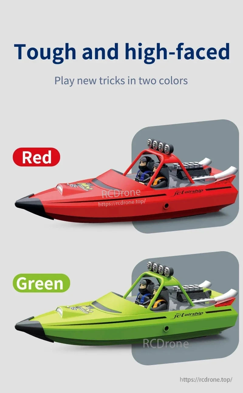 JJRC TY725 RC Boat, Durable red and green RC boat with bold colors, new tricks, and Jetairship branding for exciting play.
