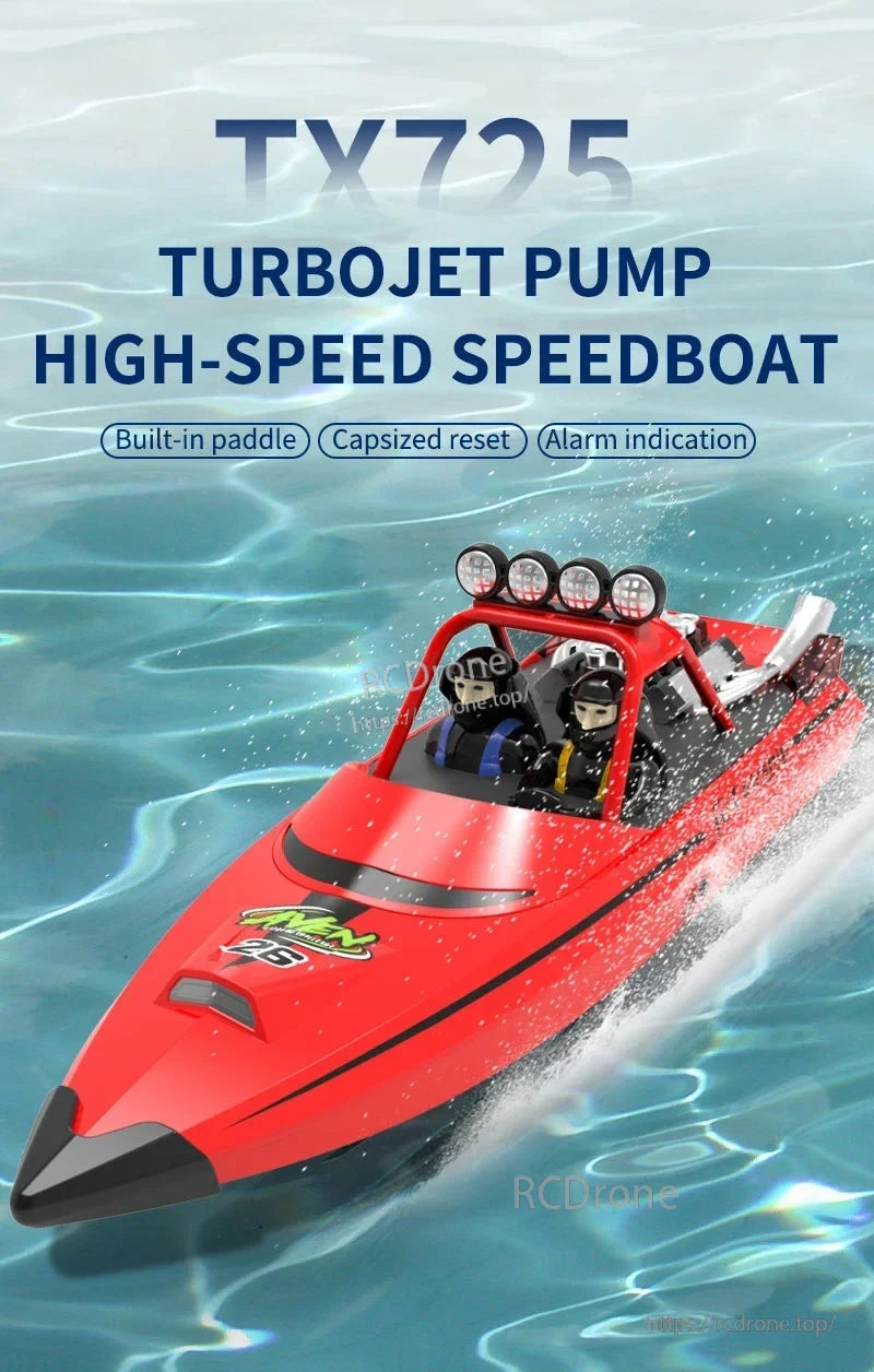 JJRC TY725 RC Boat, High-speed TX725 turbojet pump speedboat with built-in paddle, self-resetting when capsized, and alarm indication for enhanced safety and performance.