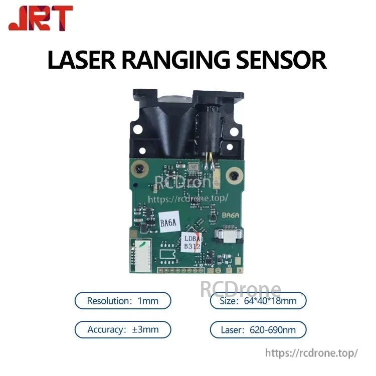 JRT 100m Laser Distance Sensor, JRT laser sensor: 1mm resolution, ±3mm accuracy, 620–690nm, 64×40×18mm, RS232/TTL/CMOS, 2.0–3.3V DC, 3Hz.