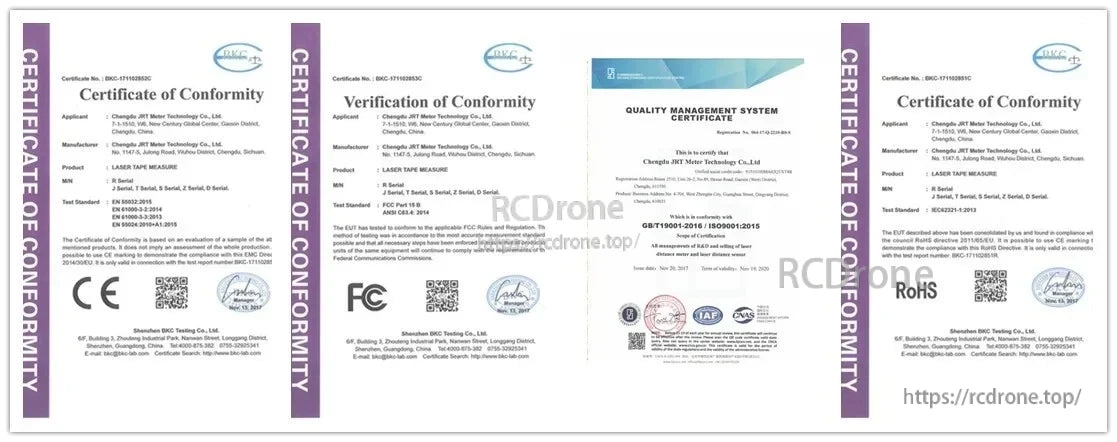 JRT 100m Laser Distance Sensor, JRT laser tape measure certified for CE, FCC, RoHS, ISO9001:2015, and EN standards by Shenzhen BRC Testing for Chongqing JRT Meter Technology.