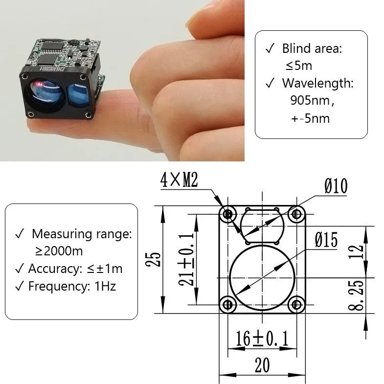 A blind area sensor for JRT D09C Laser Distance Sensor features high accuracy and measuring range from 15cm to 2000m.