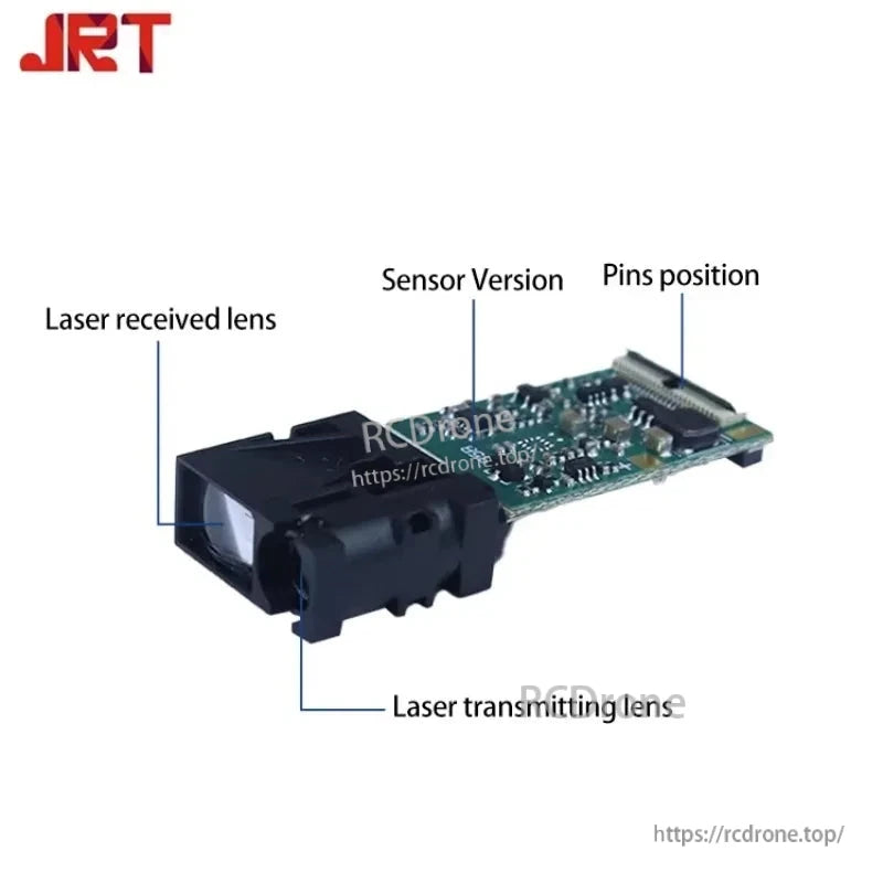 JRT Laser Distance Sensor, JRT laser sensor: 1mm accuracy, 0.03–20m range, TTL/UART output, compact 41×17×7mm, red 620–690nm Class II laser.