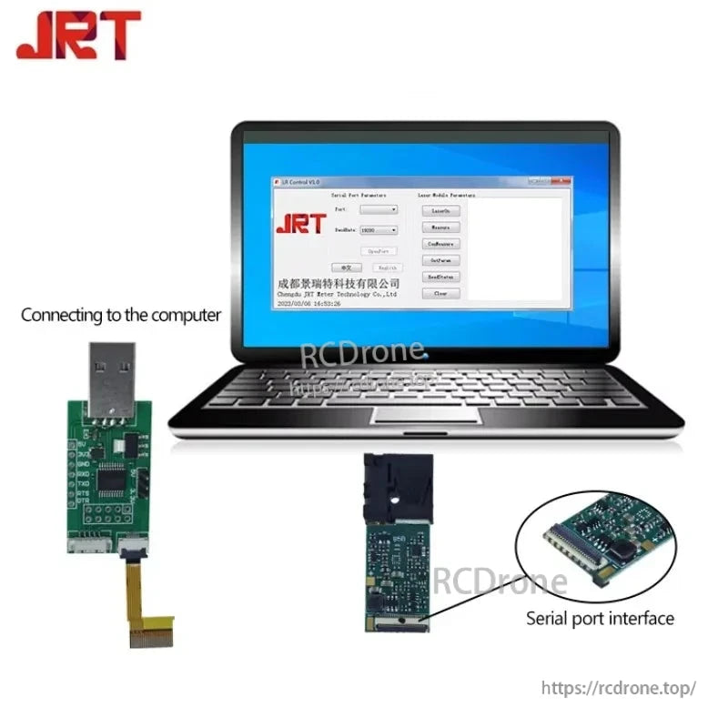 JRT Laser Distance Sensor, JRT laser sensor: 1mm accuracy, 0.03–20m range, TTL/UART/USB interfaces, serial port, computer software control.