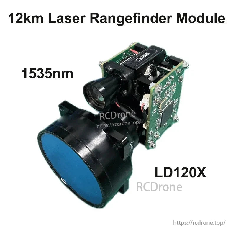 JRT Laser Distance Sensor, 12km laser rangefinder module, 1535nm wavelength, ±2m accuracy, RS422/TTL output, 9V–15V power, model LD120X.