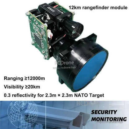 JRT Laser Distance Sensor, 12km rangefinder module with ≥12,000m range, ≥20km visibility, detects 2.3m NATO target at 0.3 reflectivity; supports RS422/TTL, 9–15V; ideal for security monitoring.