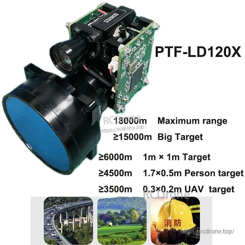 JRT Laser Distance Sensor, PTF-LD120X laser sensor detects targets up to 15km, with 18km max range, ideal for surveillance and firefighting applications.